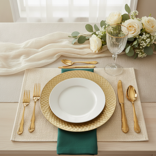Antique gold charger plate under a white plate with green napkin and gold flatware