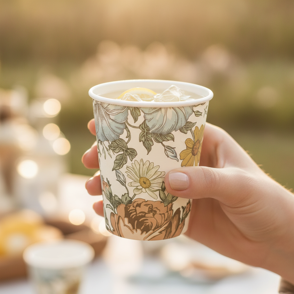 Hand holding a vintage wildflower paper cup of lemonade at a garden party