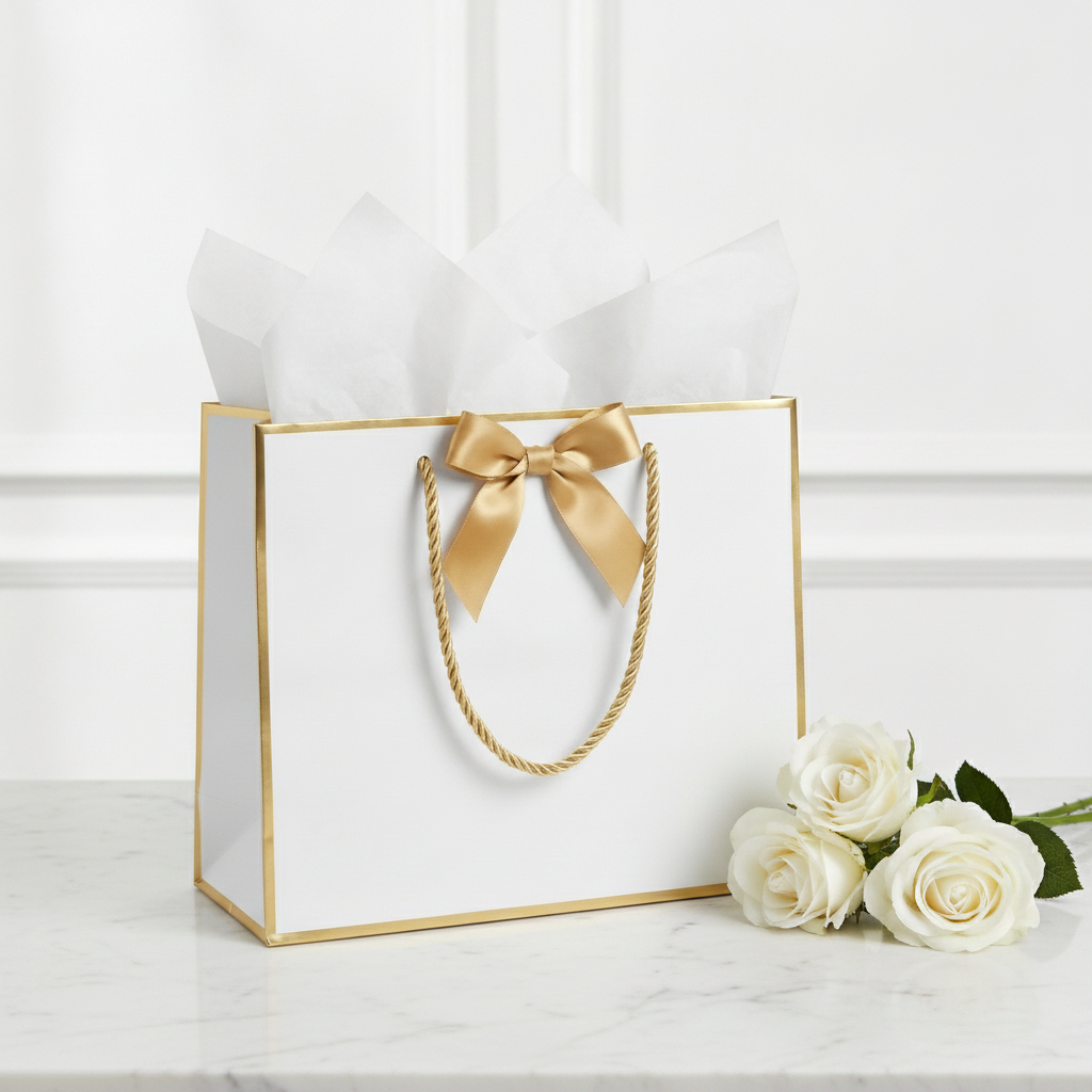 White gold-trim gift bag with white tissue and gold bow on marble with roses