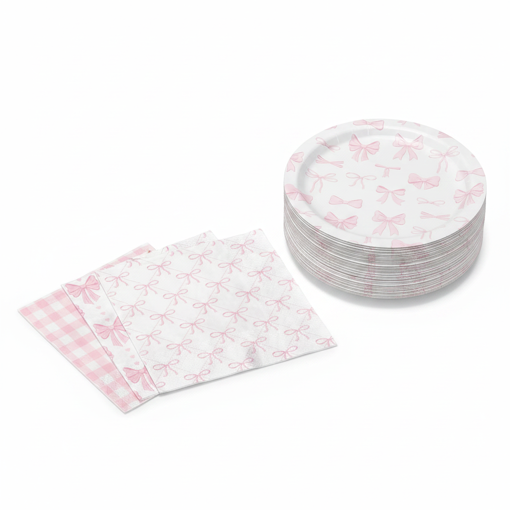 Pink bow and heart paper napkins and plates detail