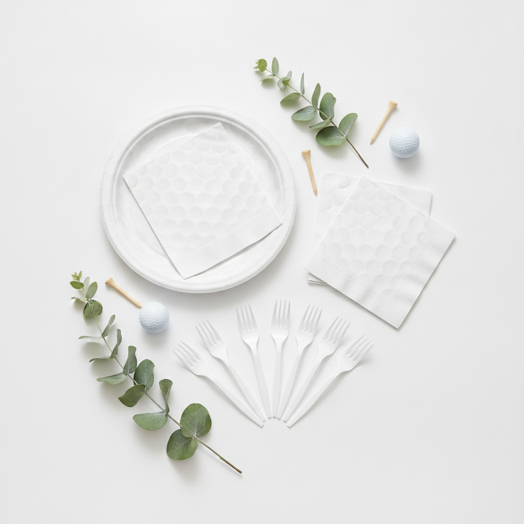 Overhead flat-lay of golf-themed disposable paper plates napkins and forks