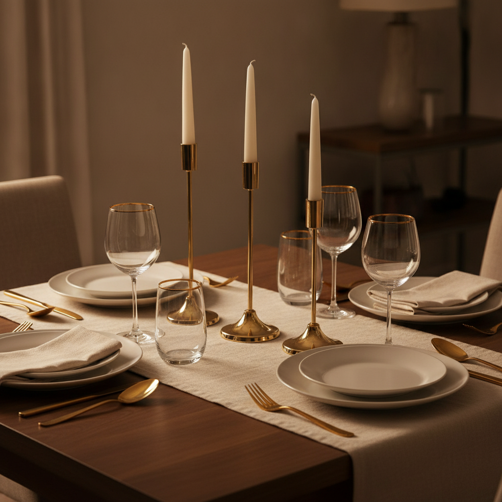 Nozze gold candlestick trio with lit tapers on an elegant set dining table with gold cutlery