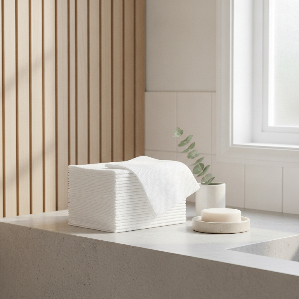 Woman patting her face with a soft white disposable cotton towel in a bright bathroom
