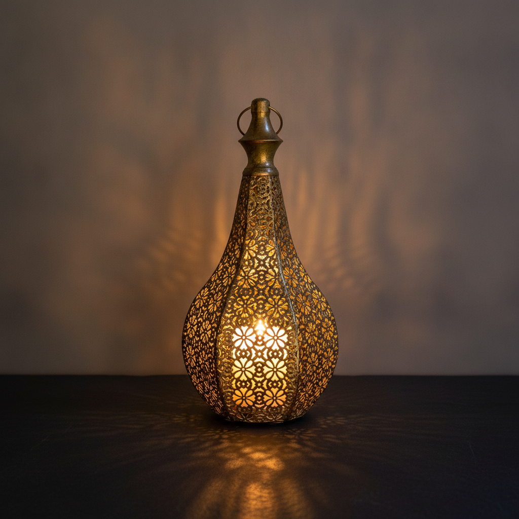 Foratura pierced-metal Moroccan candle lantern glowing on a dark slate surface