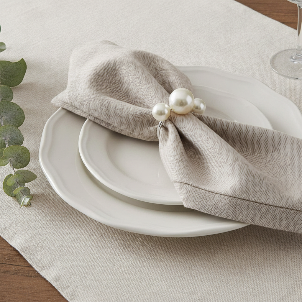 Folded linen napkin gathered by a silver pearl napkin ring in an elegant place setting