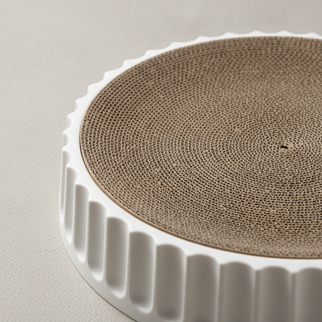 Close-up of corrugated cardboard scratch surface and white ribbed rim on cat scratcher