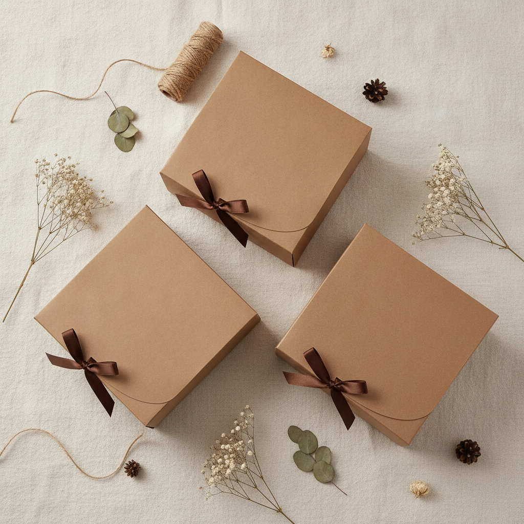 Overhead flat-lay of three brown kraft gift boxes with bows on cream linen