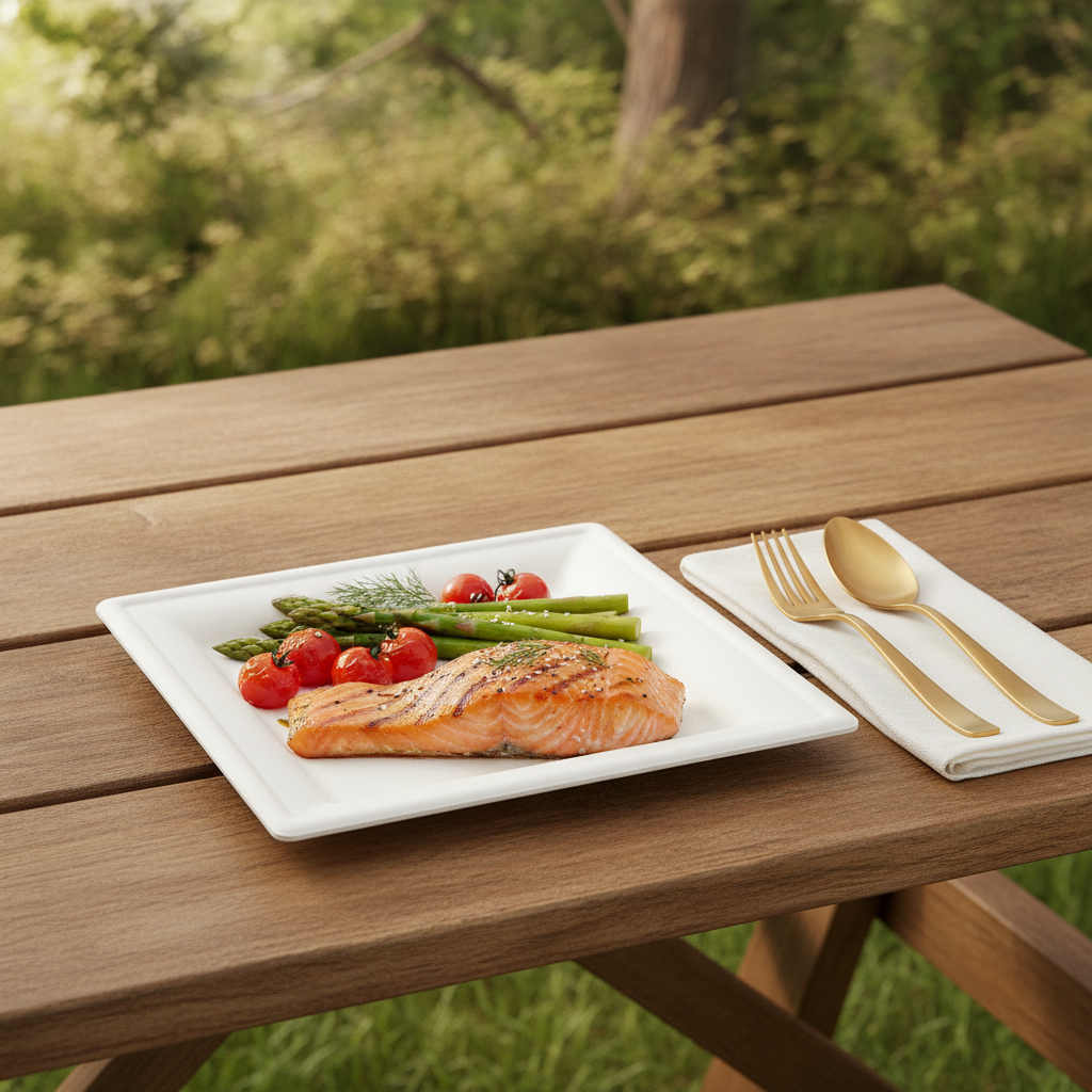 White square bagasse compostable plate with a meal on an outdoor picnic table