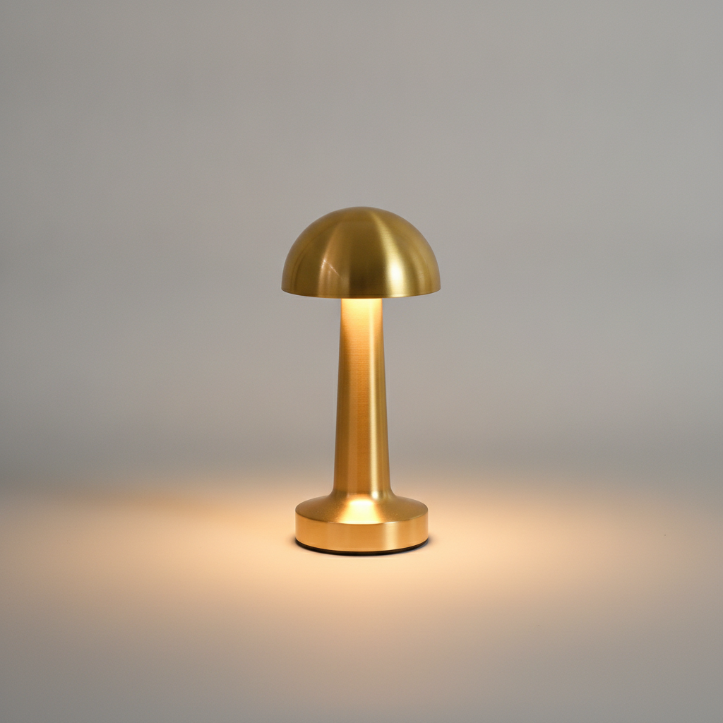 Lucerna cordless brass table lamp glowing warm on a soft grey studio backdrop