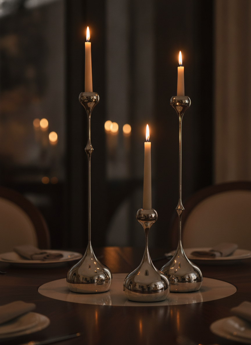 Silver teardrop candlesticks with lit taper candles on an elegant dining table at dusk