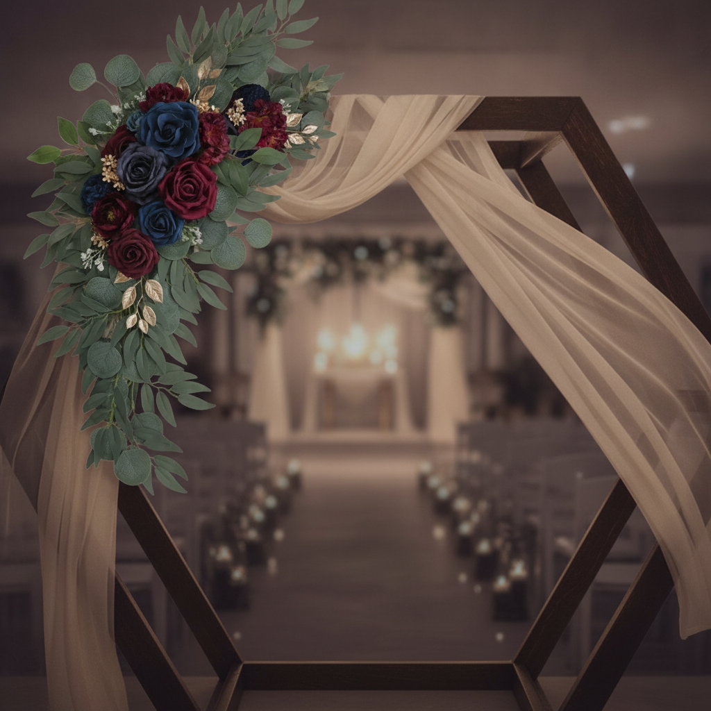 Navy and burgundy floral swags on a hexagonal wedding arch with drapery
