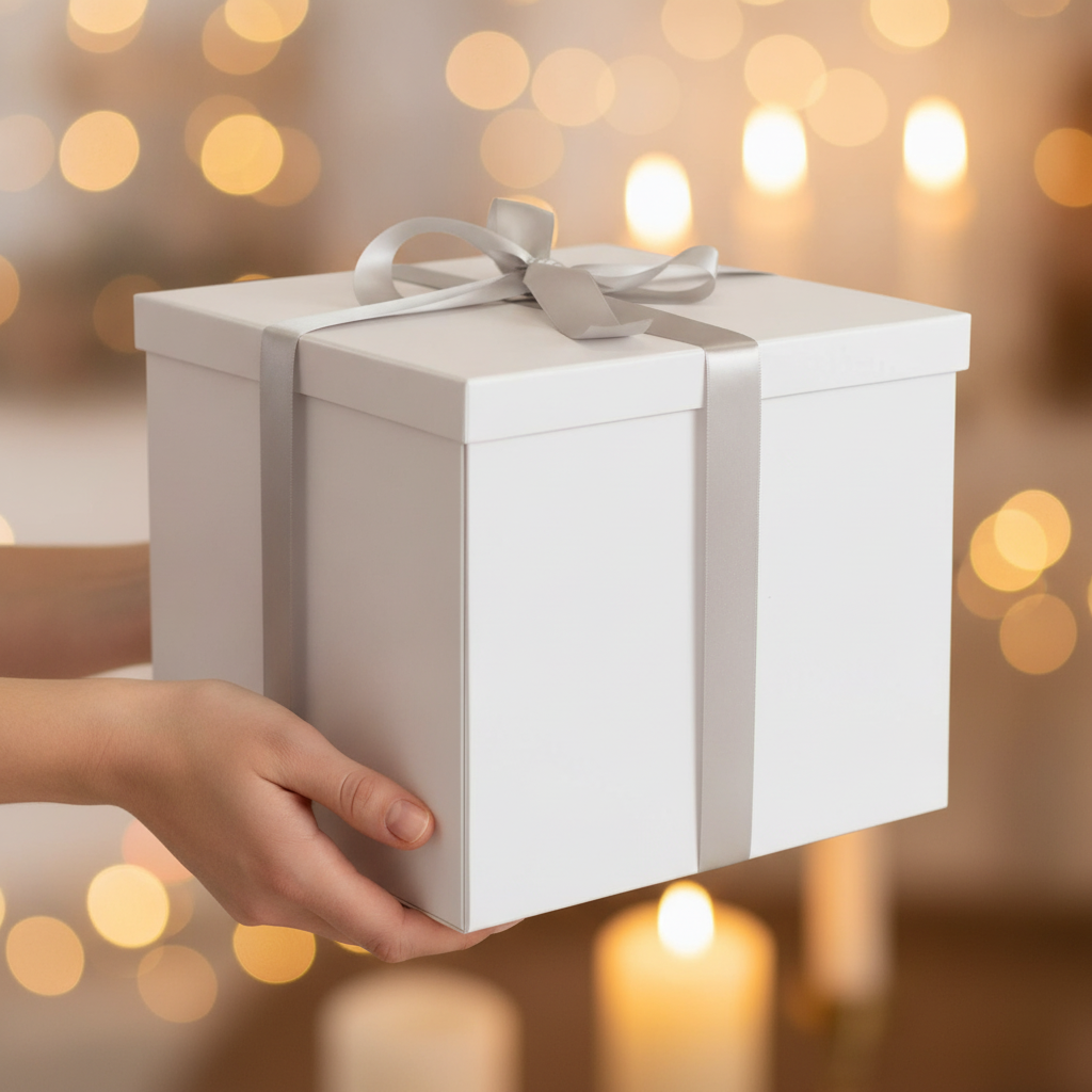 Hands presenting the white square gift box with silver ribbon at a celebration