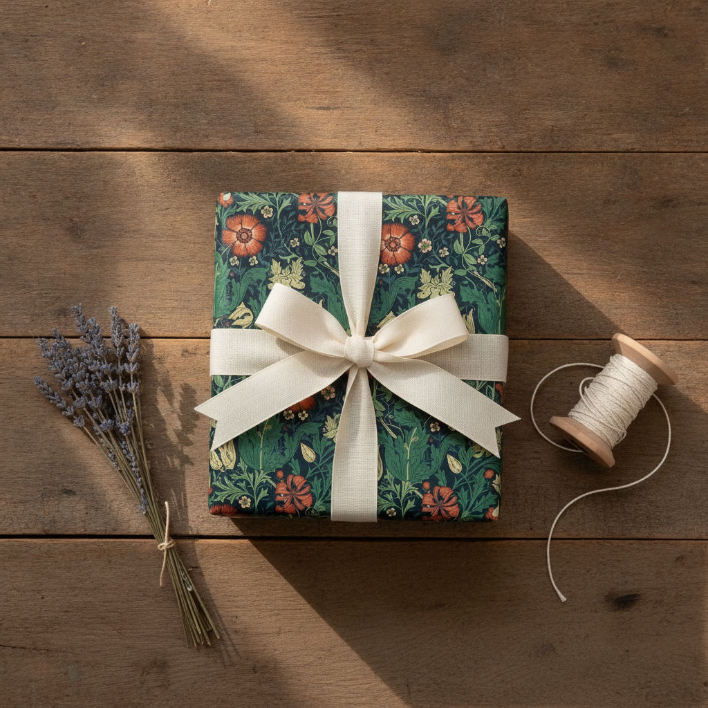 Two gifts wrapped in retro botanical paper with cream ribbon and dried lavender