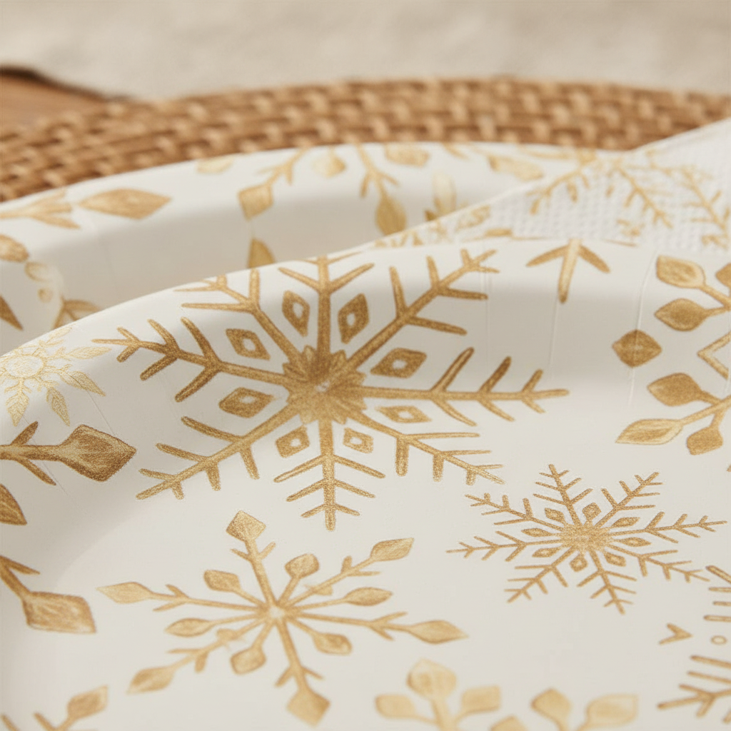 Close-up of gold snowflake print on disposable paper plate and napkin