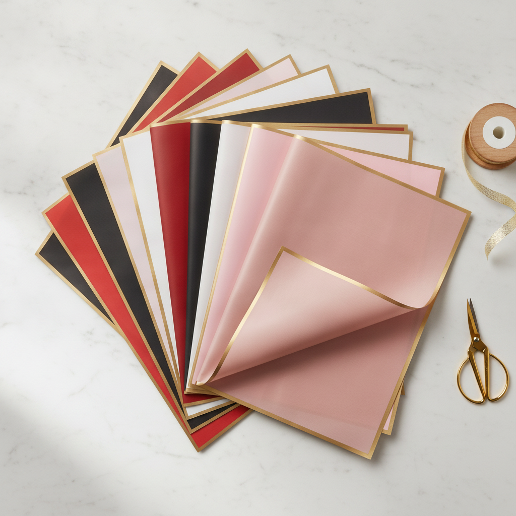 Assorted gold-edge wrapping paper sheets fanned by color with scissors and ribbon