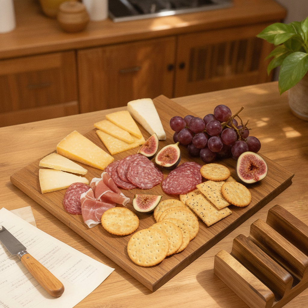 Large Biblioteca acacia board used as a charcuterie board with cheese, meats and fruit