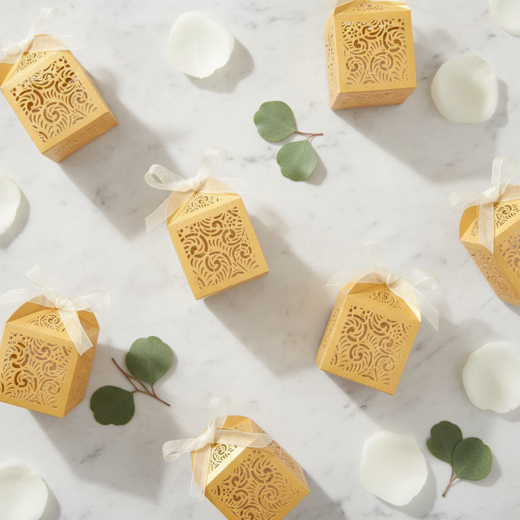 Gold laser-cut filigree favor boxes flat-lay with rose petals and eucalyptus