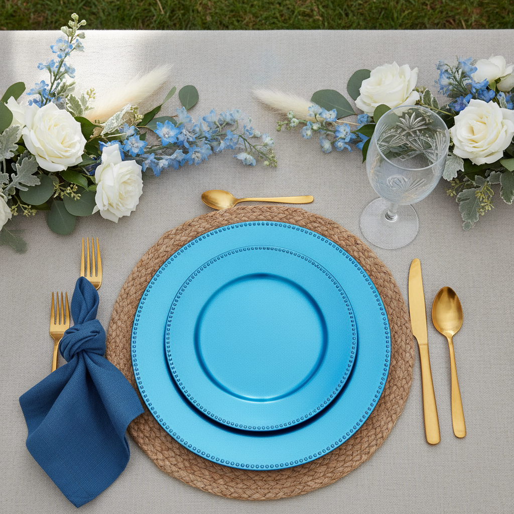 Royal blue metallic beaded-rim charger plates in a boho elegant place setting with gold cutlery, blue napkin, woven placemat and blue and white florals