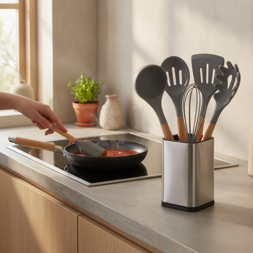 Hand using the grey silicone and beechwood spatula to stir a sauce in a non-stick pan
