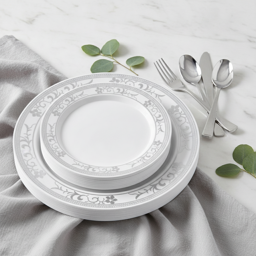 Stack of white silver-floral plates beside fanned silver plastic forks knives and spoons on marble