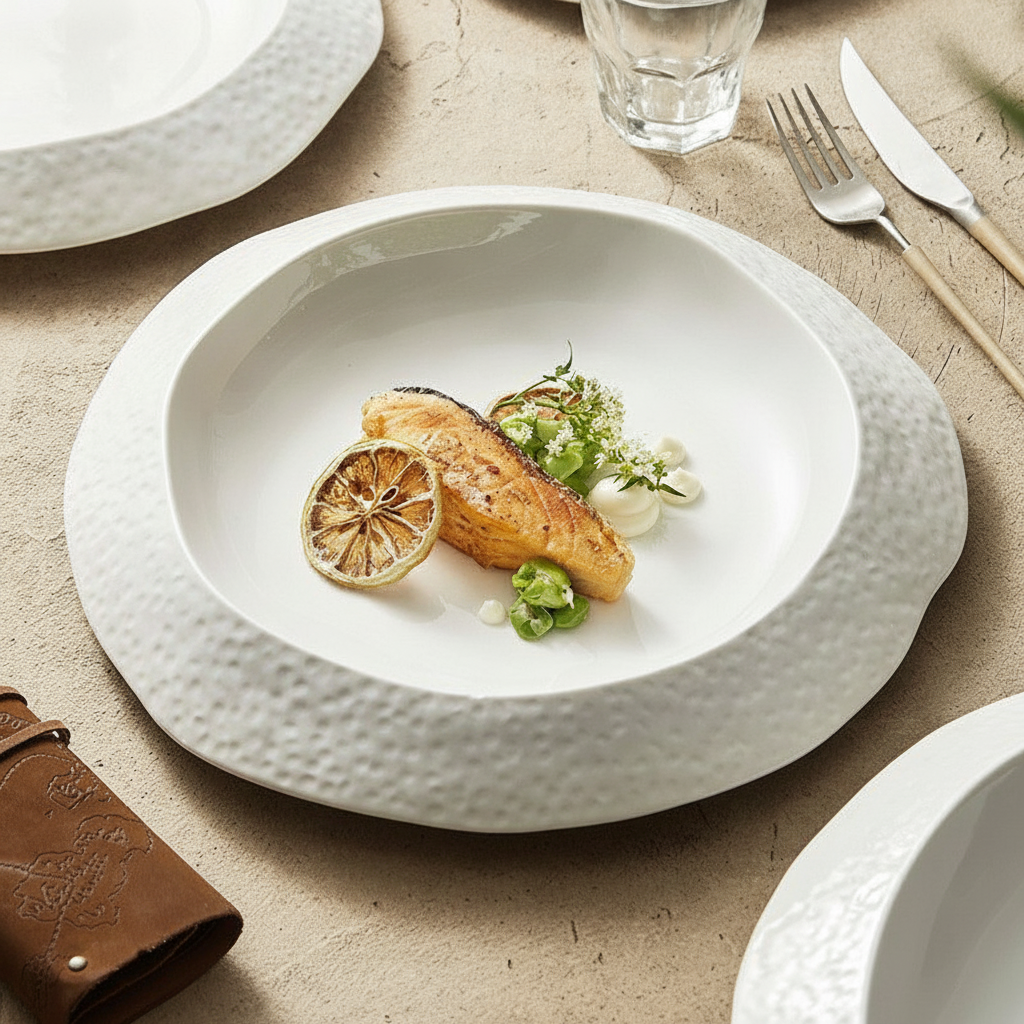 Cratere porcelain soup plate presenting a restaurant-plated seared fish dish