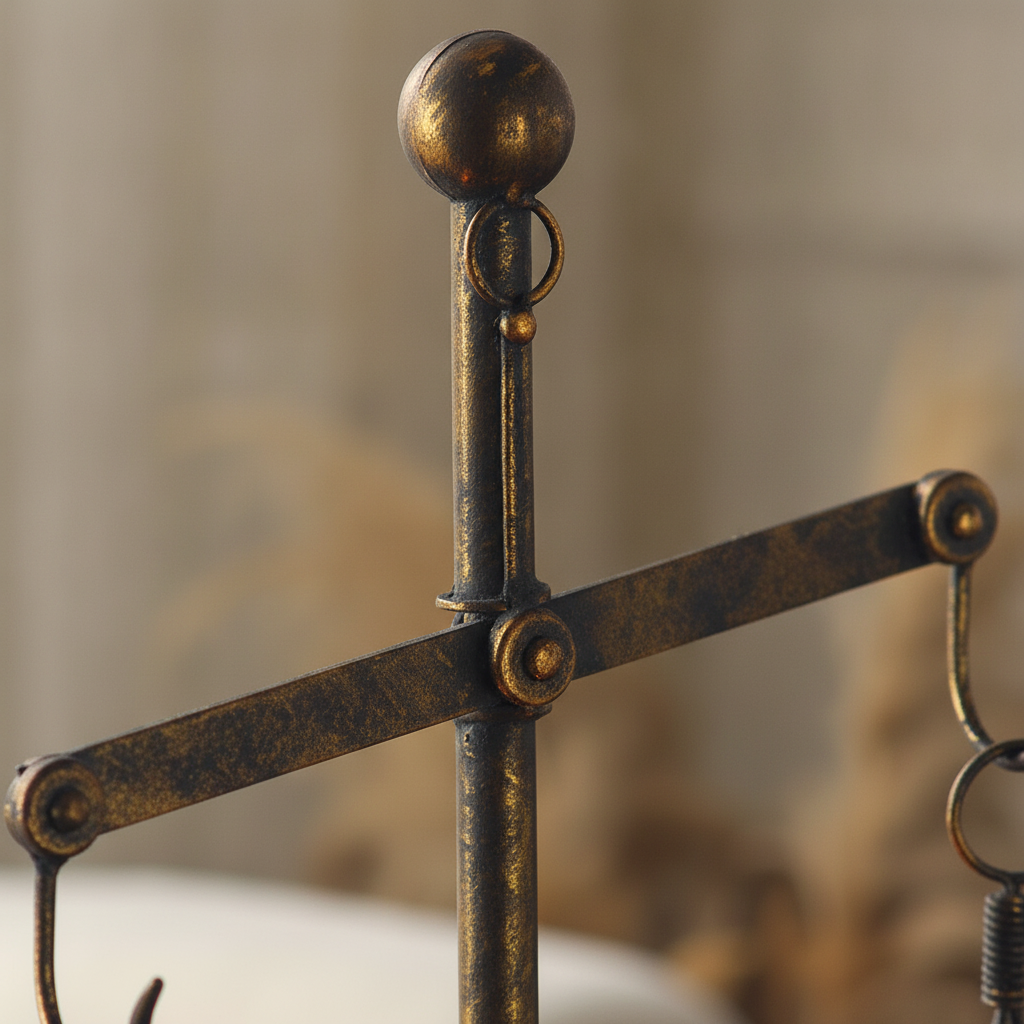 Close-up of the turned iron column, ball finial and pivoting cross-beam joint with worn patina