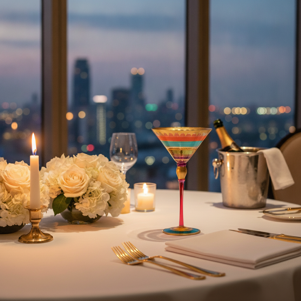 Hand-painted goblet on a fine-dining penthouse table with champagne and a city skyline at dusk