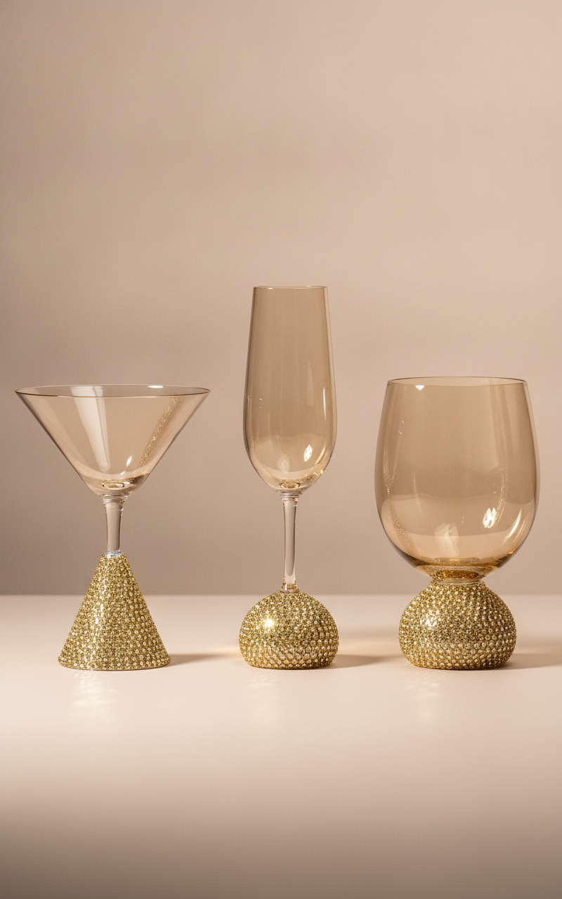 Set of three amber crystal glasses — martini, champagne and wine — each on a gold rhinestone diamond base