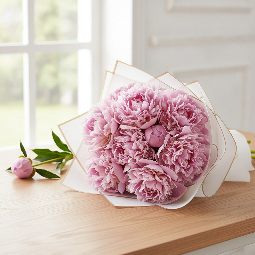 Peony bouquet wrapped in white gold-edge wrapping paper on a wood table
