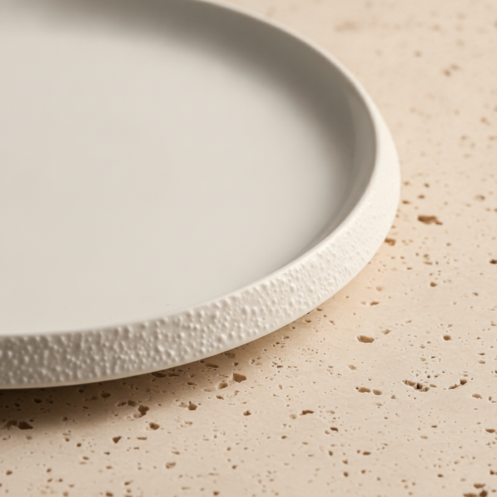 Macro of the Riva plate's thin raised stone-textured rim meeting the smooth satin-white center