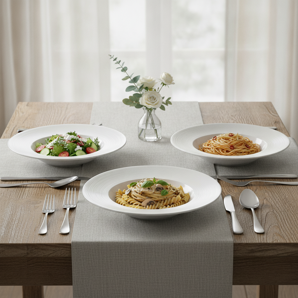 Editorial tablescape with several white porcelain pasta bowls of salad and pasta