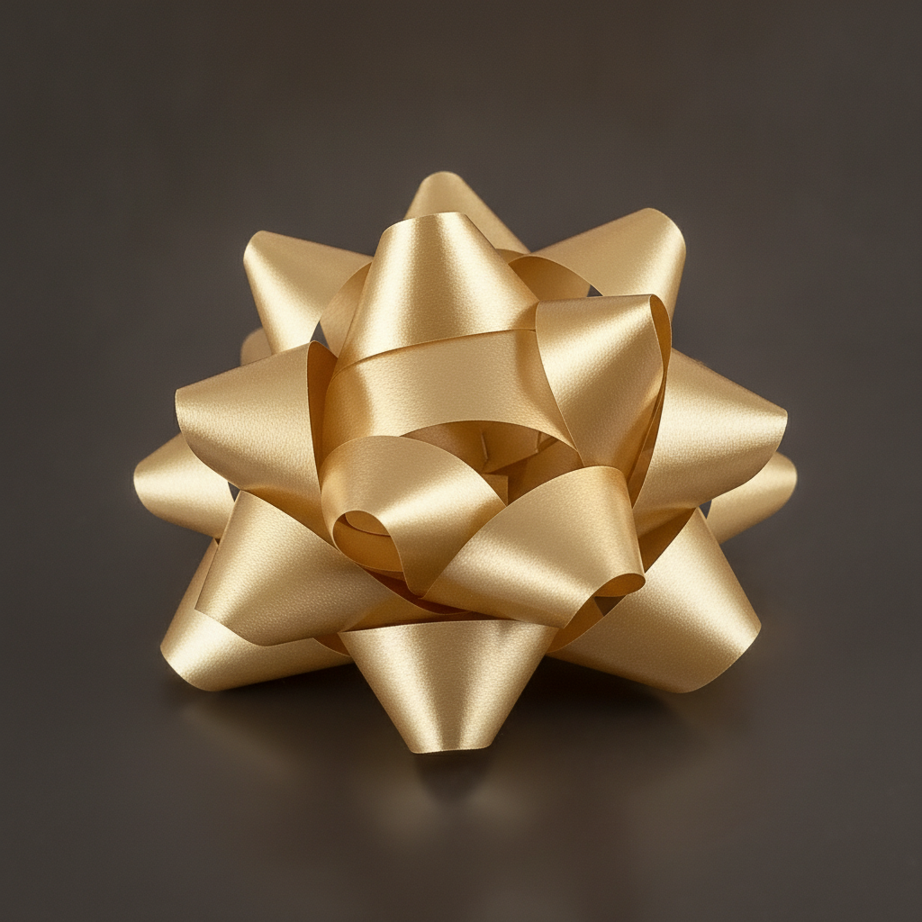 Close-up of a single gold star confetti gift bow ribbon loops