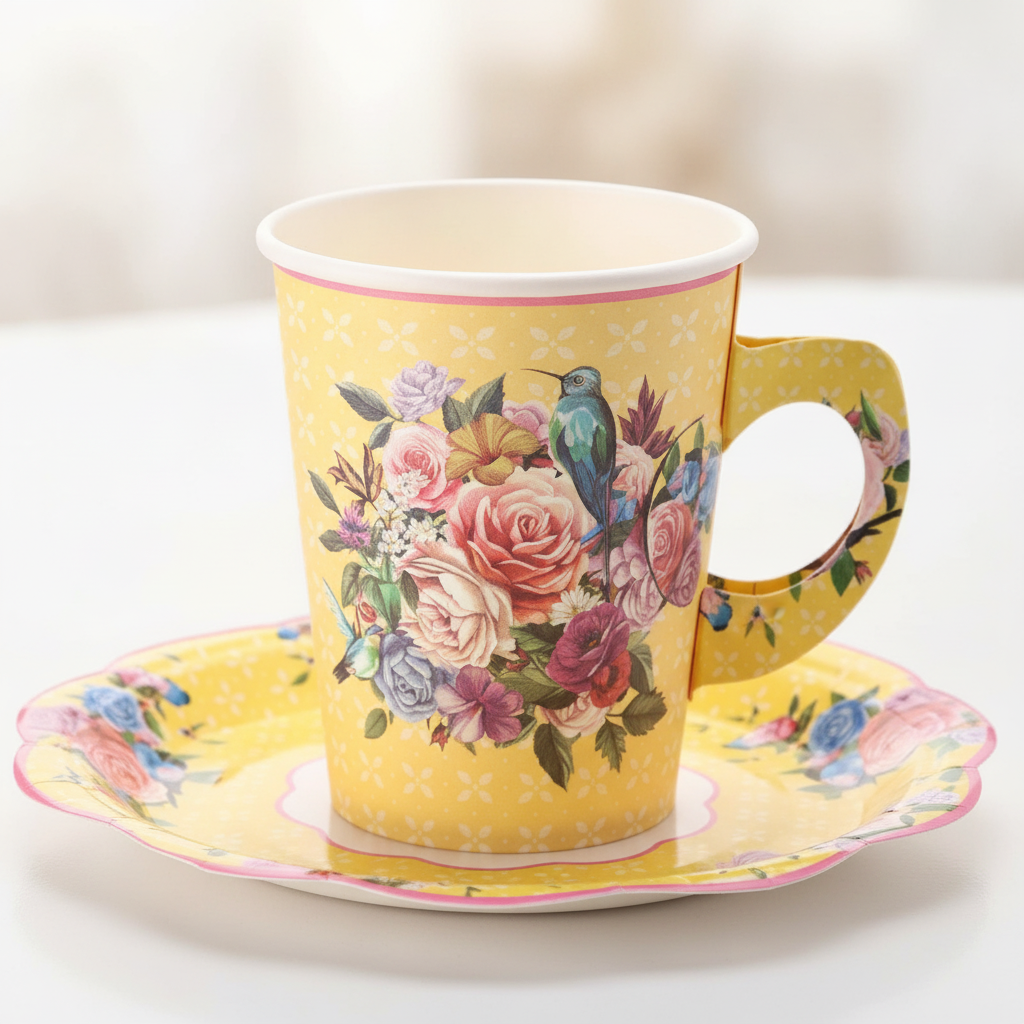 Close-up of pink rose print on a yellow striped disposable paper tea cup and scalloped plate