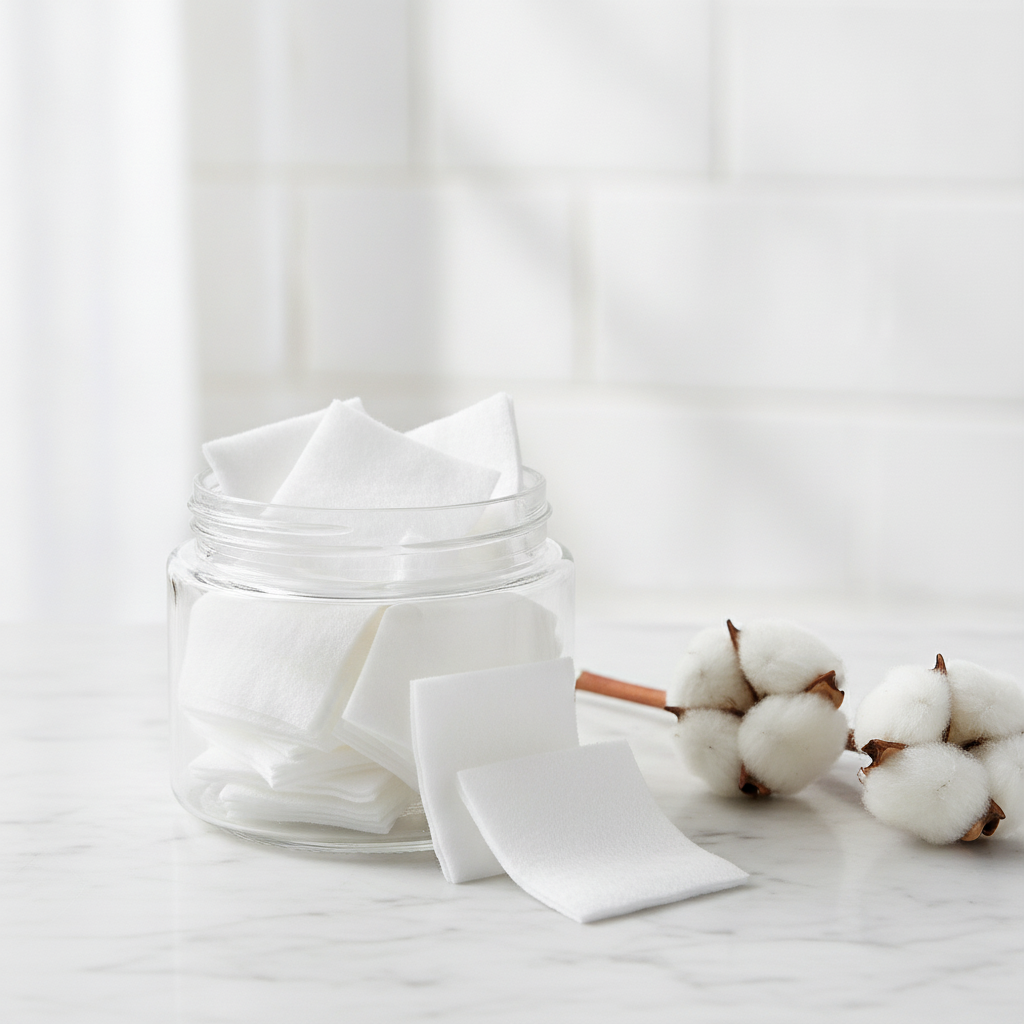 White cotton makeup remover pads in a clear glass jar on a marble bathroom vanity