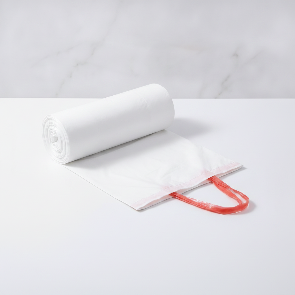 Roll of white drawstring trash bags partly unrolled showing red drawstring — Maison's Kitchen