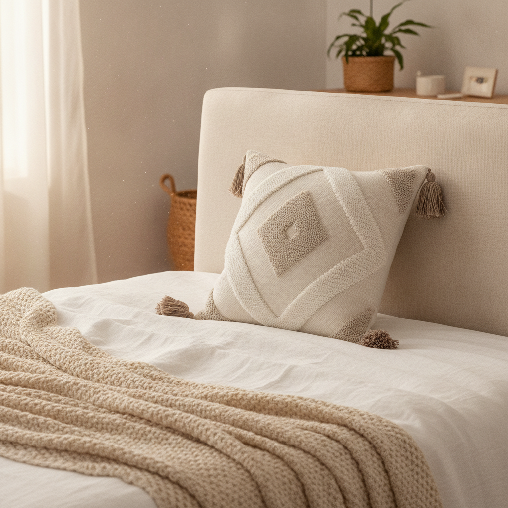 Trama cushion styled on a cozy made bed with linen bedding
