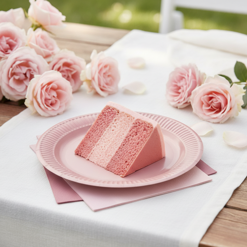 Dusty-pink paper plate with pink ombre cake at a garden party