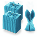 Teal satin napkins, set of 72, folded and stacked on white