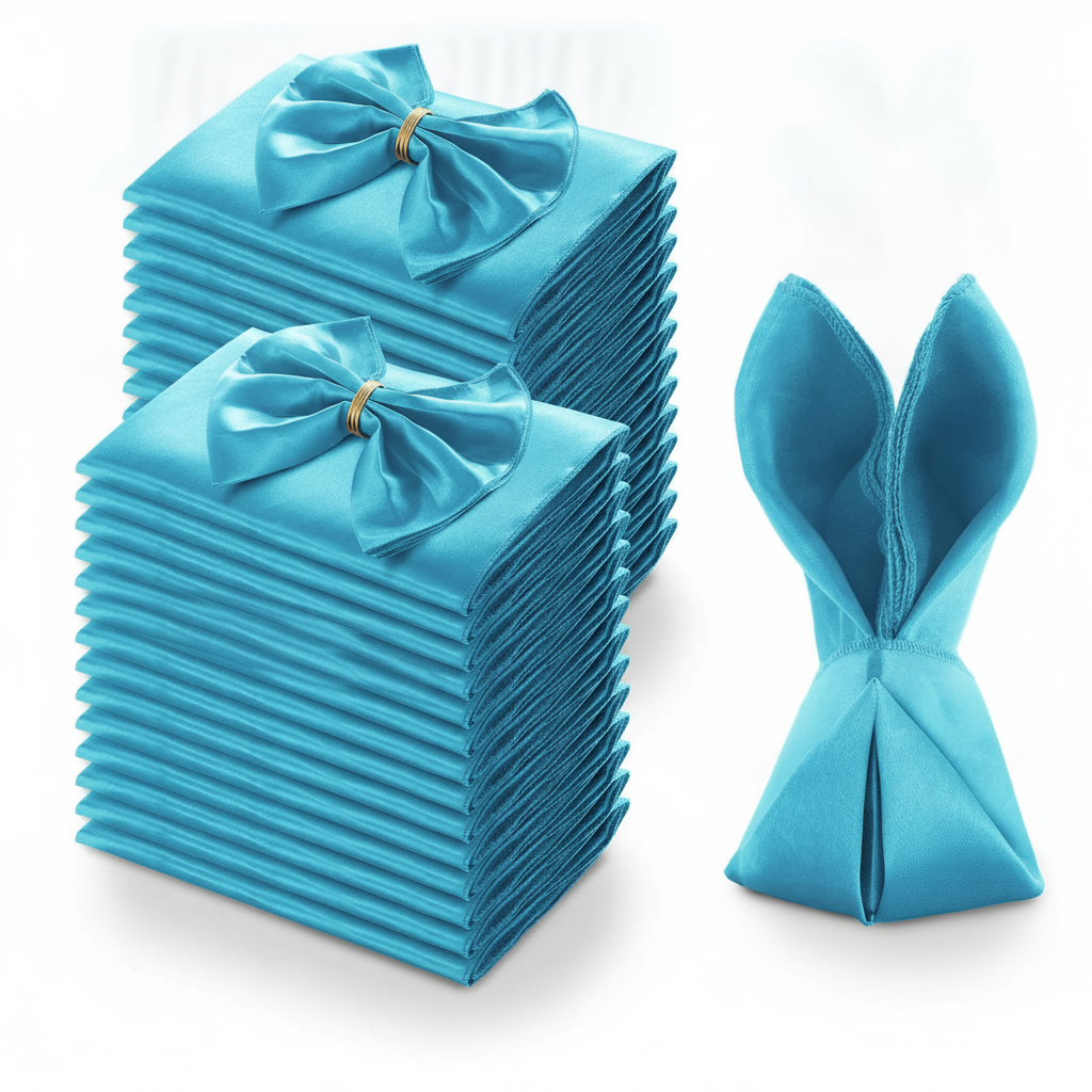 Teal satin napkins, set of 72, folded and stacked on white