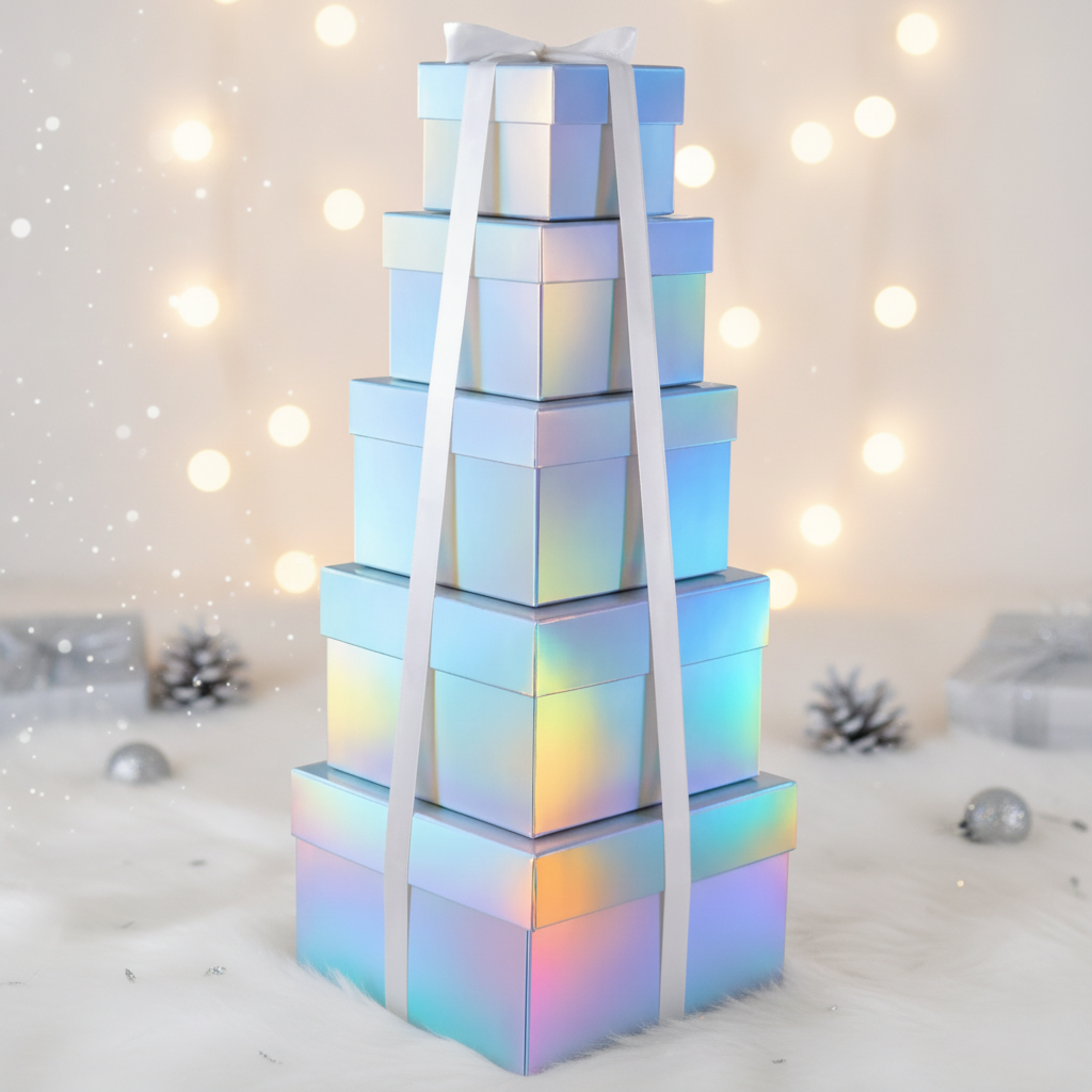 Holographic silver iridescent nesting gift boxes stacked into a tower with white ribbon