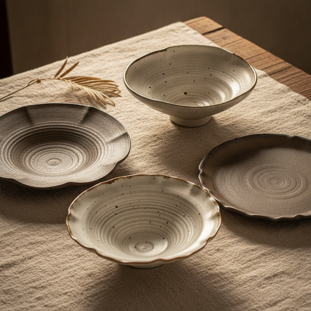 Cream and charcoal petal bowls styled on a linen tablescape