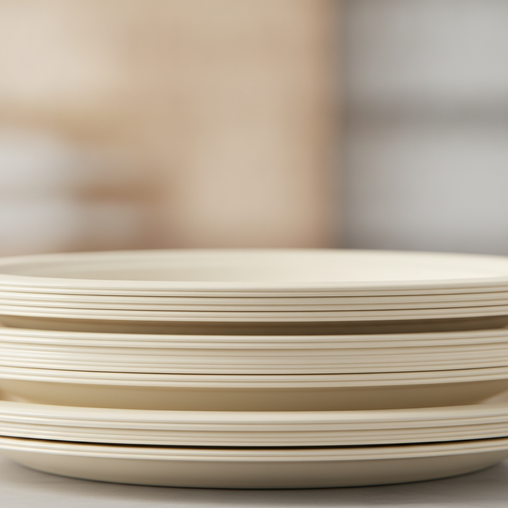 Close-up of a stack of ivory disposable plastic plates