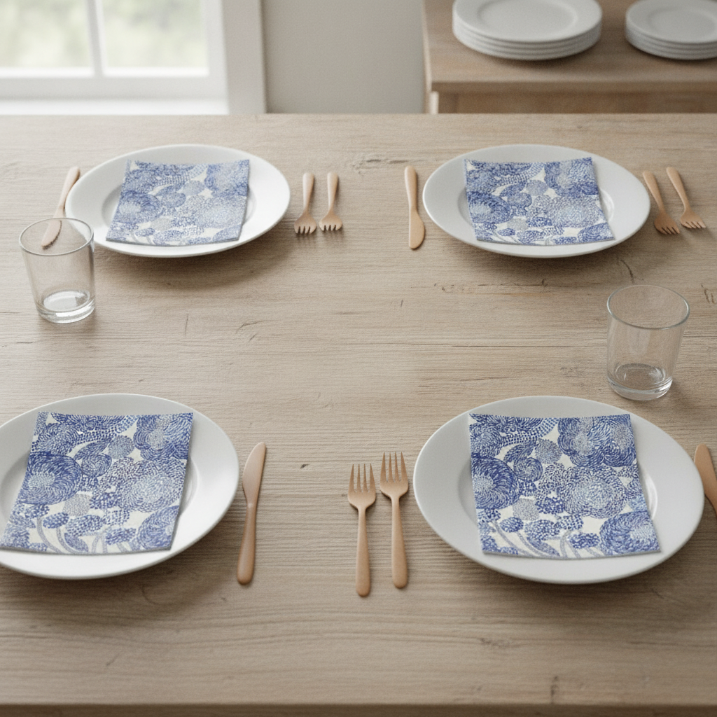 Dinner tablescape with Scandinavian floral paper napkins on plain white plates