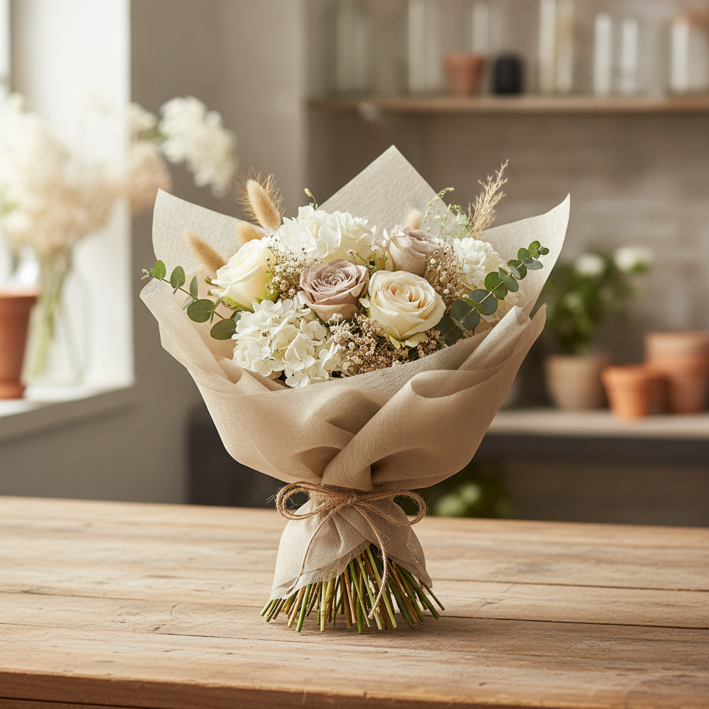 Bouquet wrapped in tan non-woven cotton florist wrapping fabric on a wood table