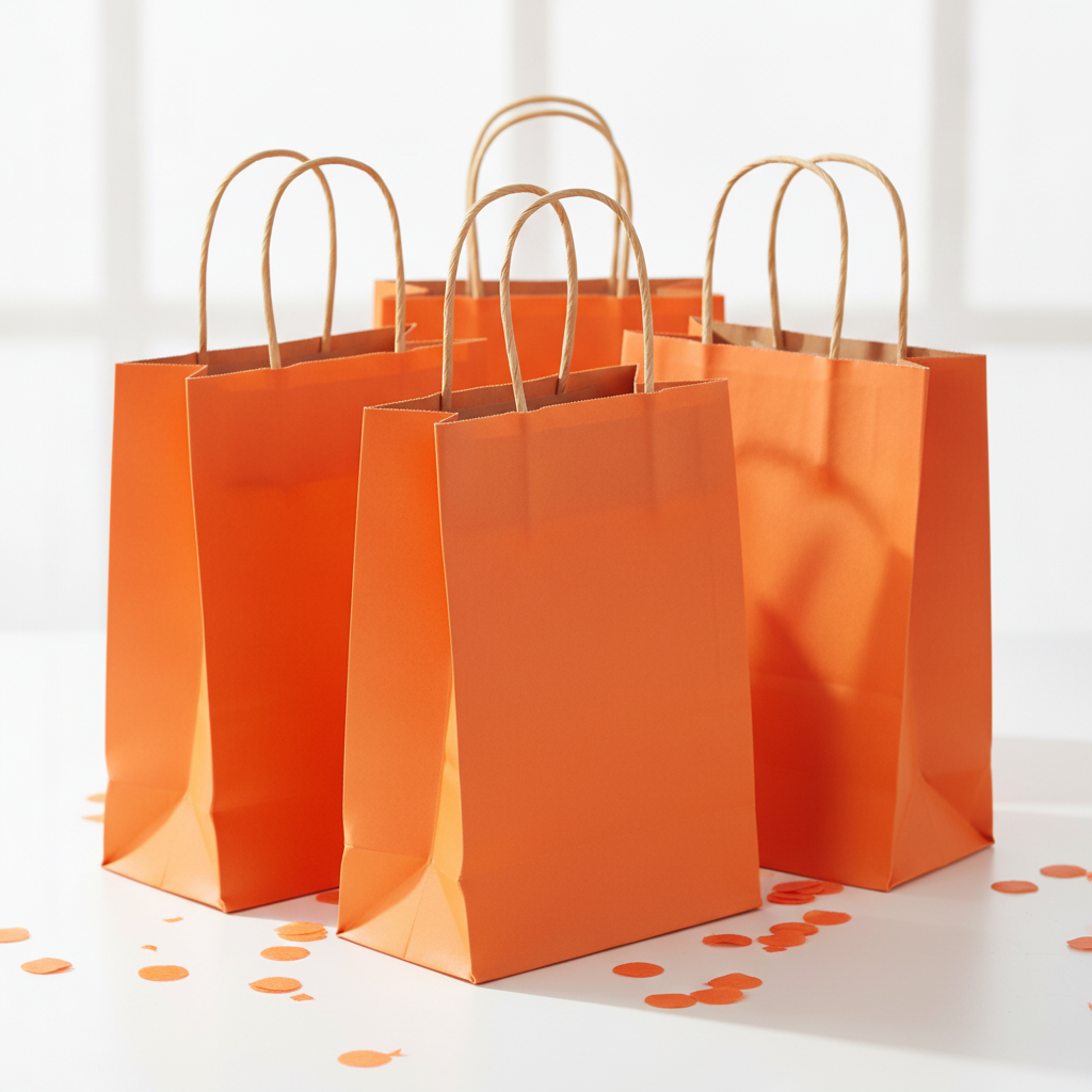 Three orange kraft gift bags with twisted handles and confetti