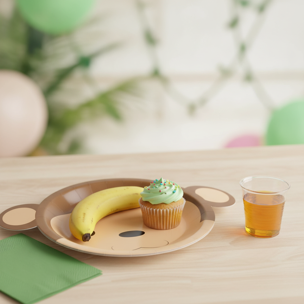 Monkey-shaped die-cut paper party plate holding a banana and cupcake with green napkin at a jungle birthday