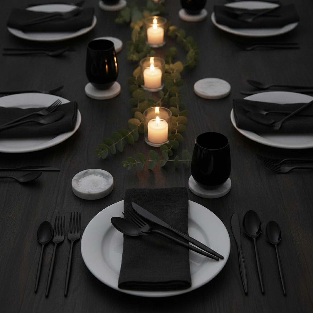 Festive dinner party table set with black plastic cutlery white plates and candles