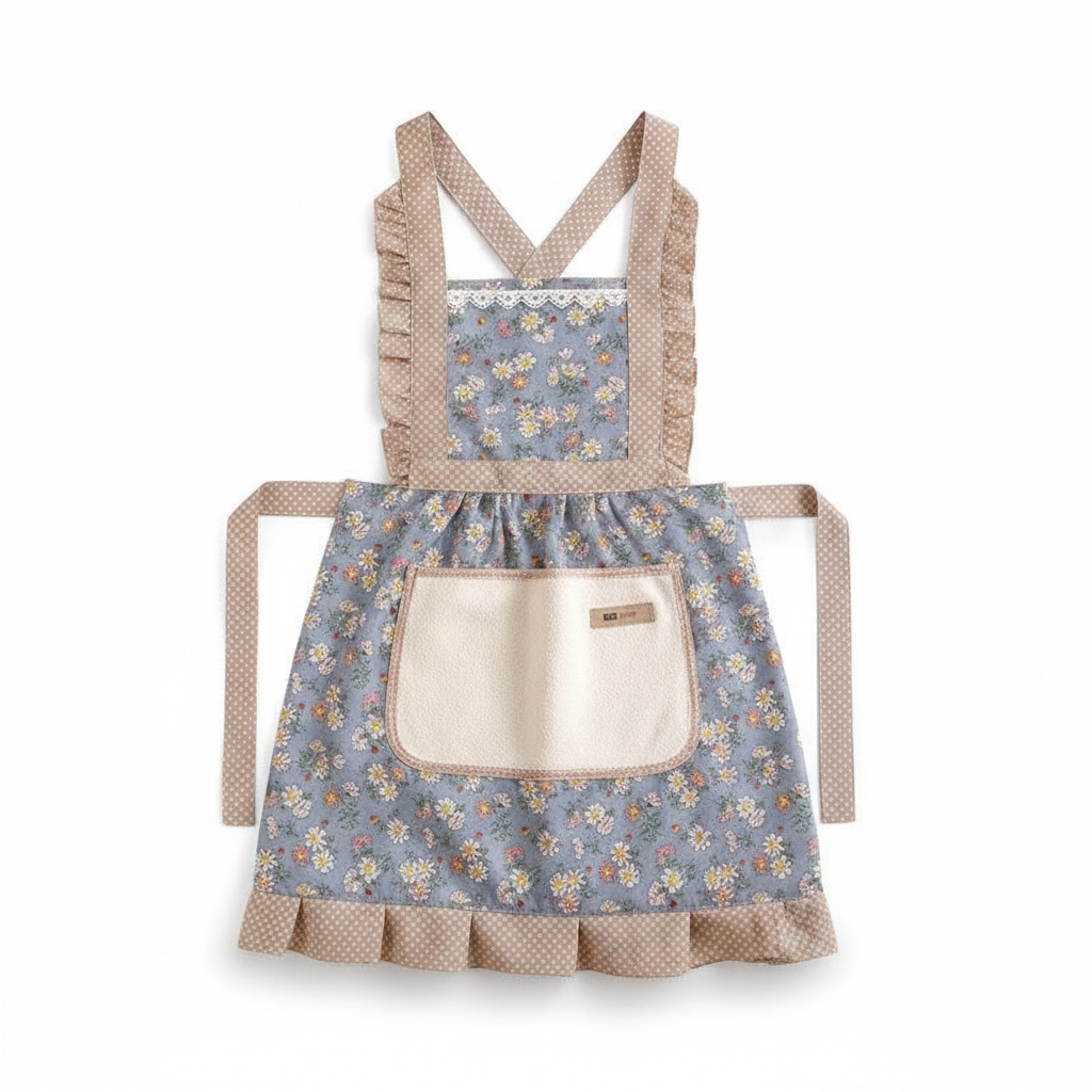 Blue floral kitchen apron with cream terry hand-wiping pocket on white background