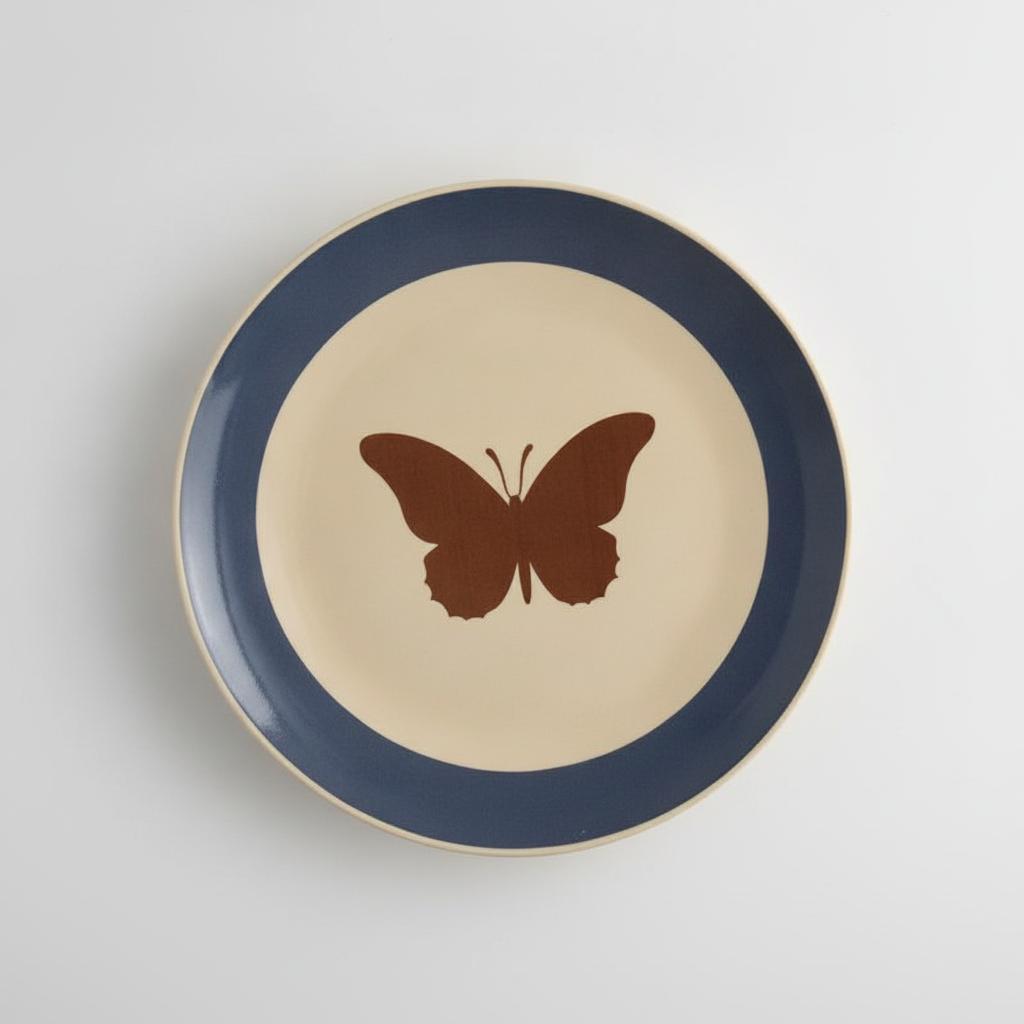 Ivory ceramic wall plate with navy band and brown butterfly silhouette
