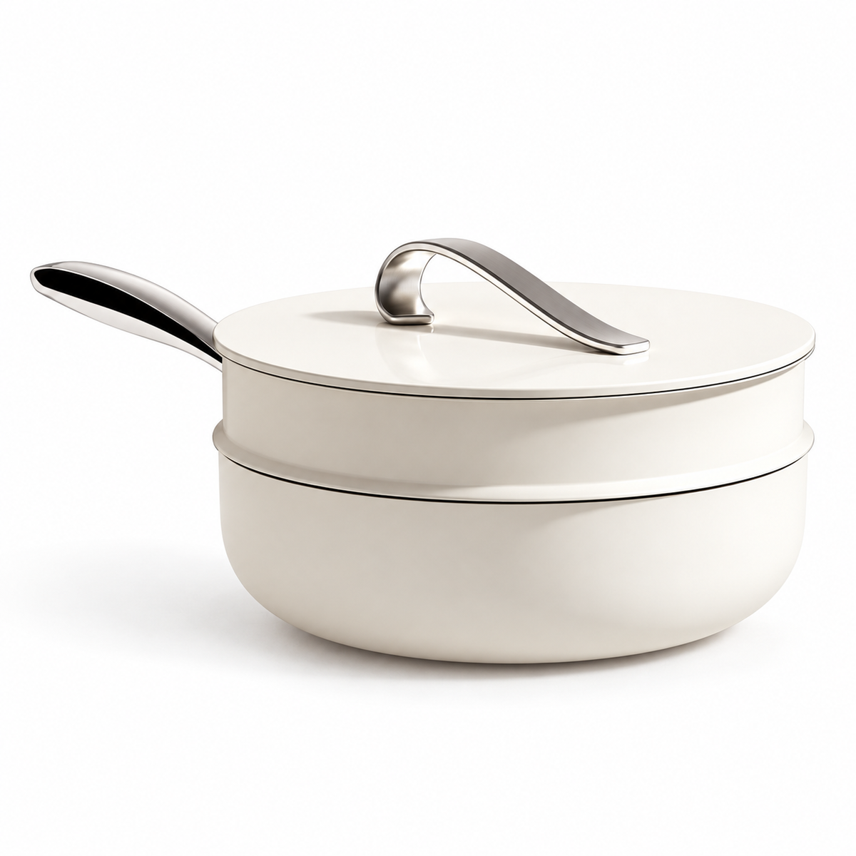 White wok with steamer insert and lid on white background